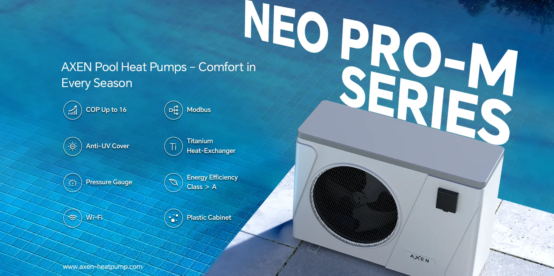 AXEN mette in evidenza pompe di calore per piscine ad alta efficienza e bassa rumorosità con COP fino a 16