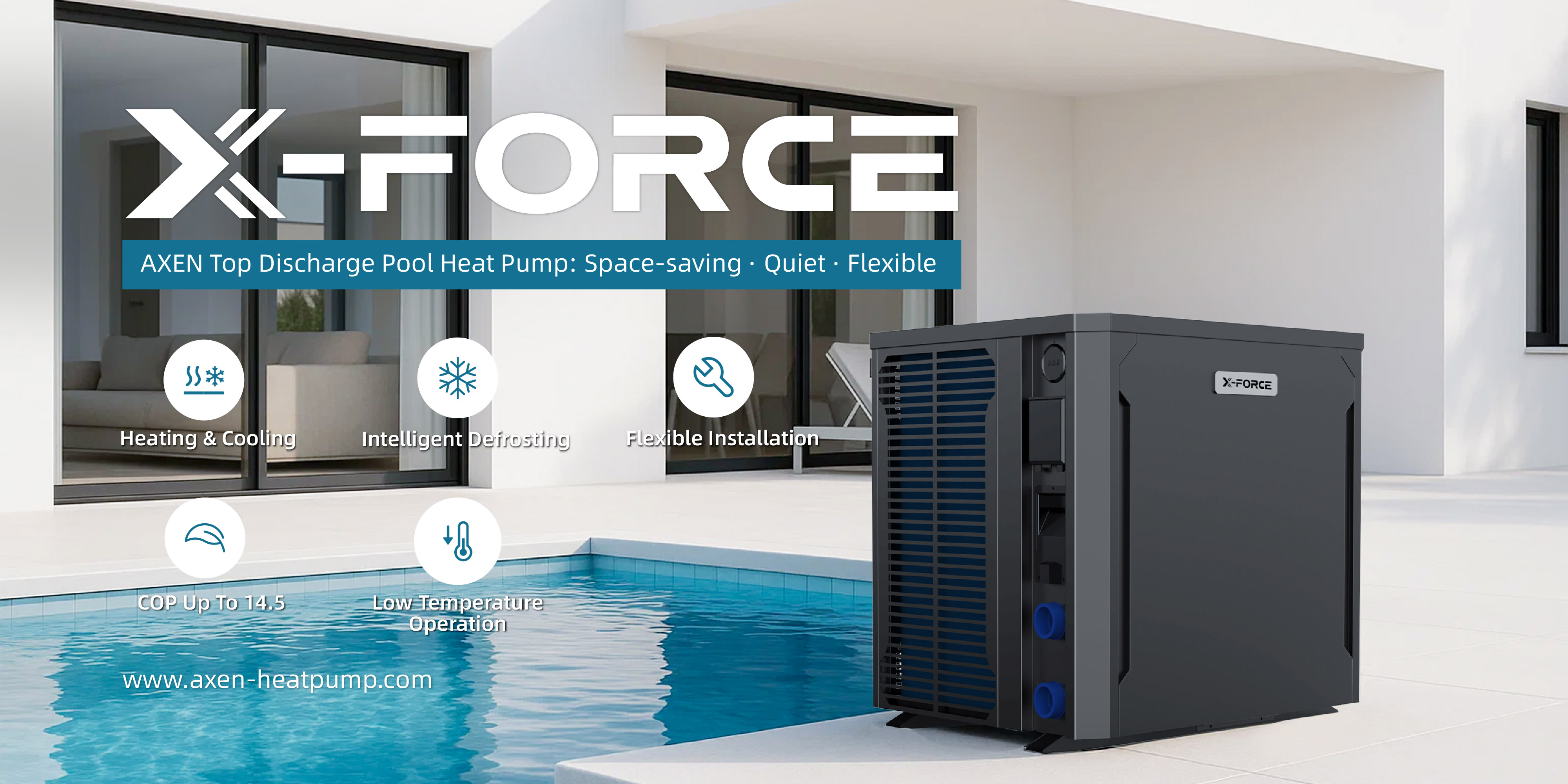 Scopri la pompa di calore per piscina X-FORCE Series con mandata verticale